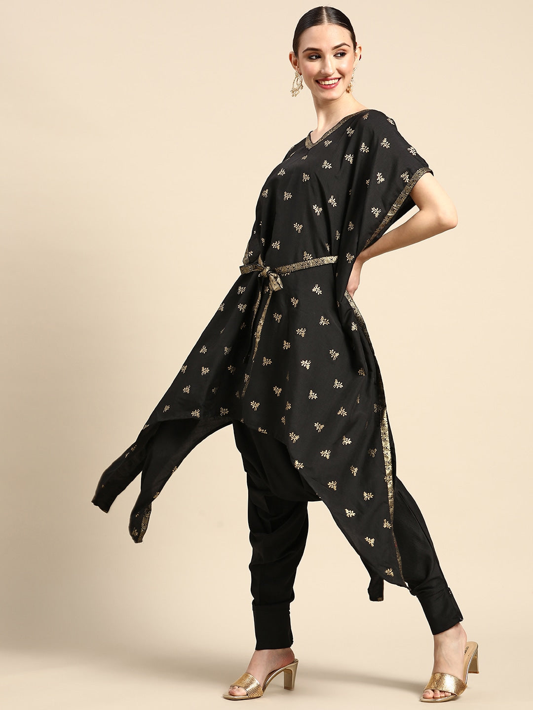 Sangria Women Black & Golden Ethnic Motifs Printed Kurta with Harem Pants - Distacart
