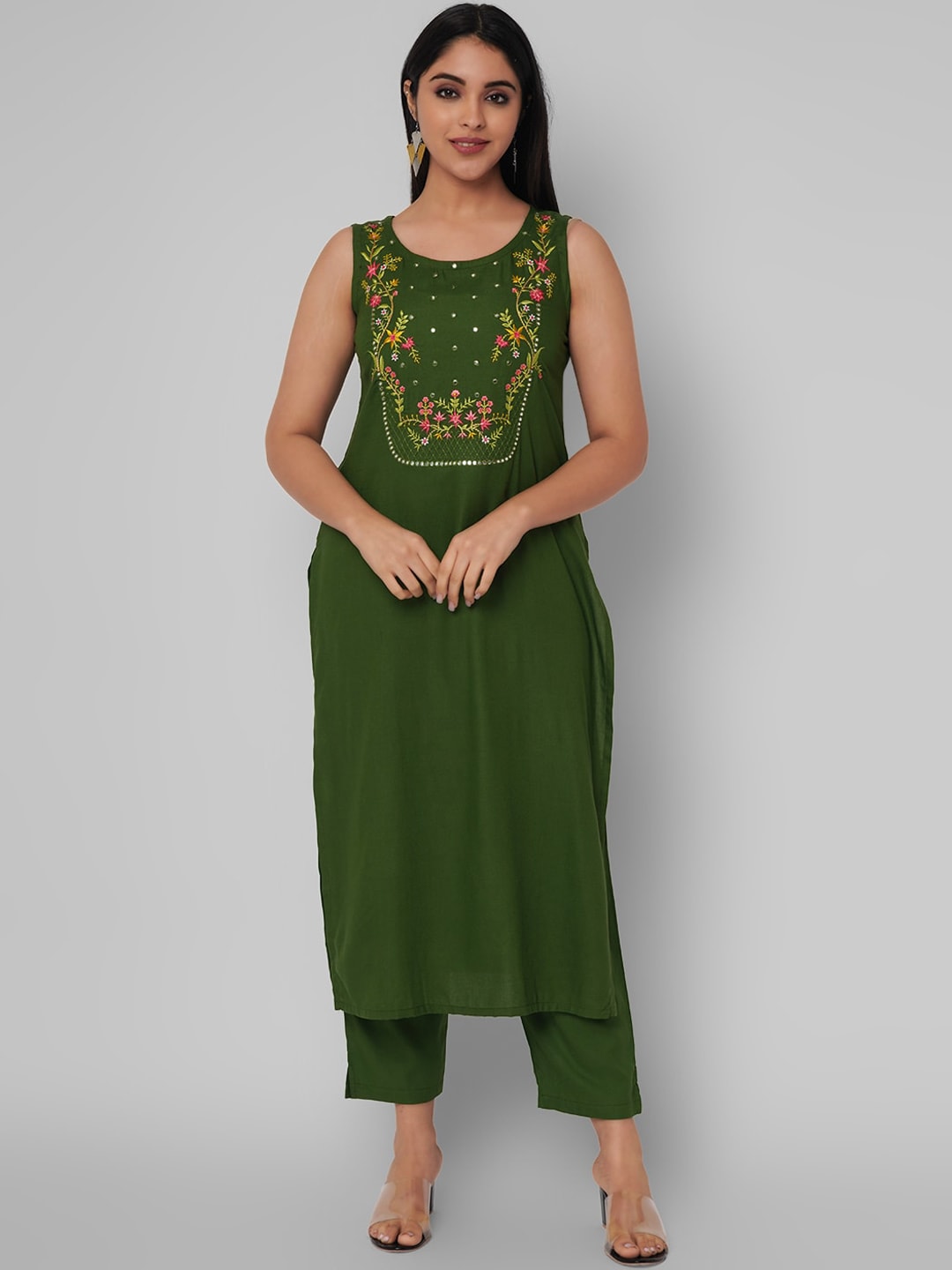 Kalini Women Green & Pink Floral Embroidered Kurta with Trousers - Distacart