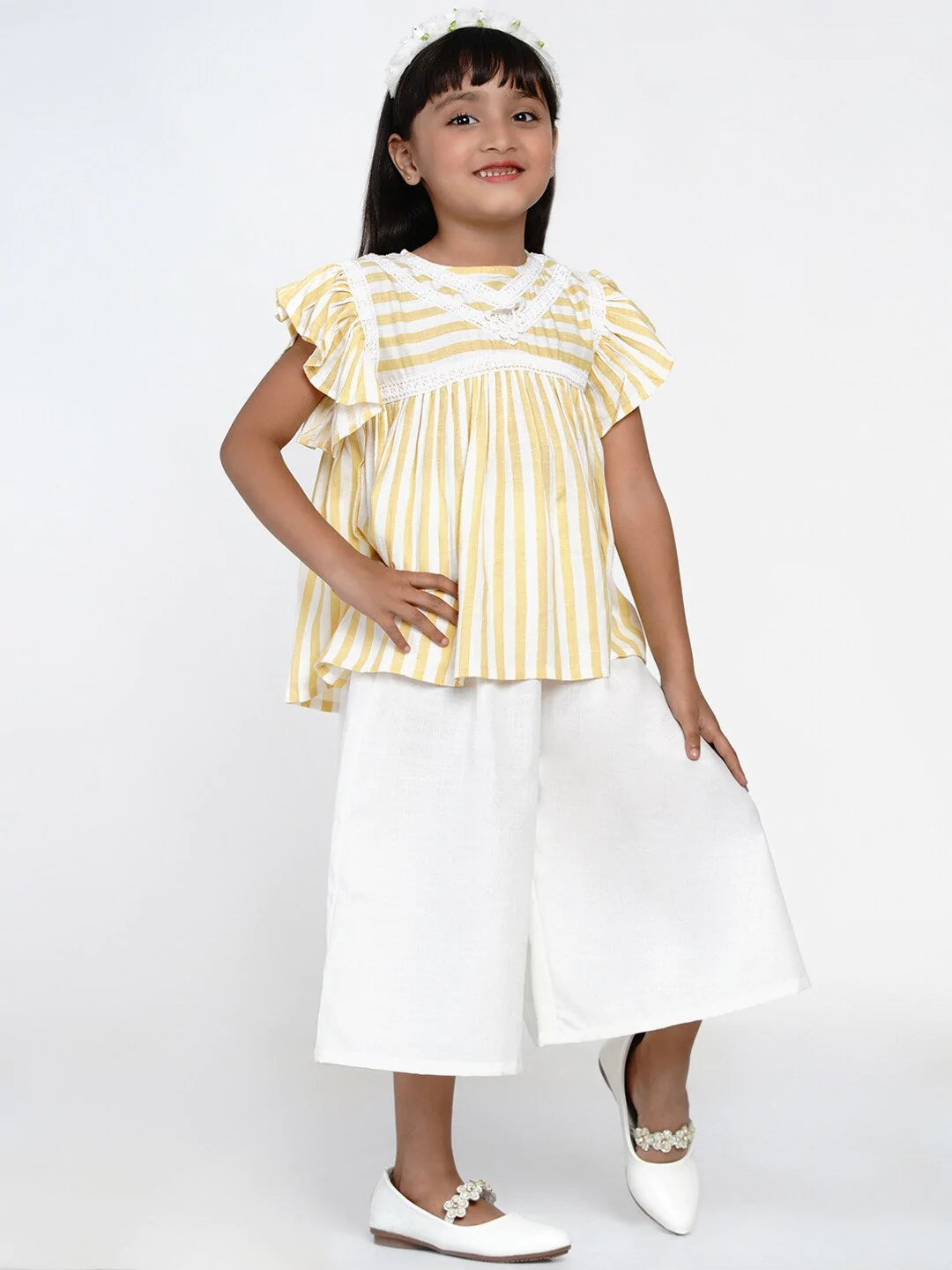 NOZ2TOZ Yellow & Off-White Striped Top with Capris For Girls - Distacart