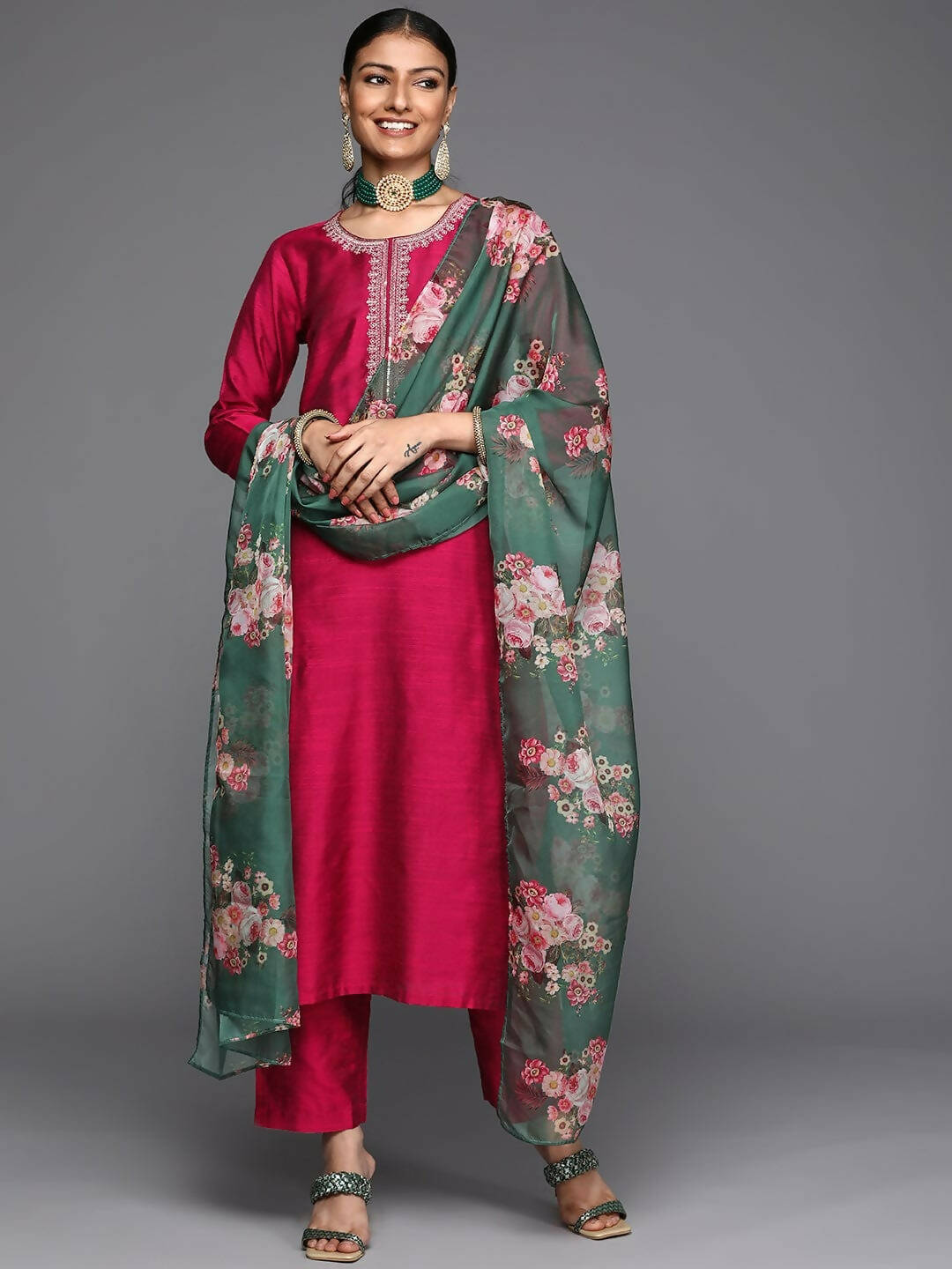 Varanga Women Maroon Ethnic Motifs Embroidered Kurta With Trousers & Dupatta - Distacart