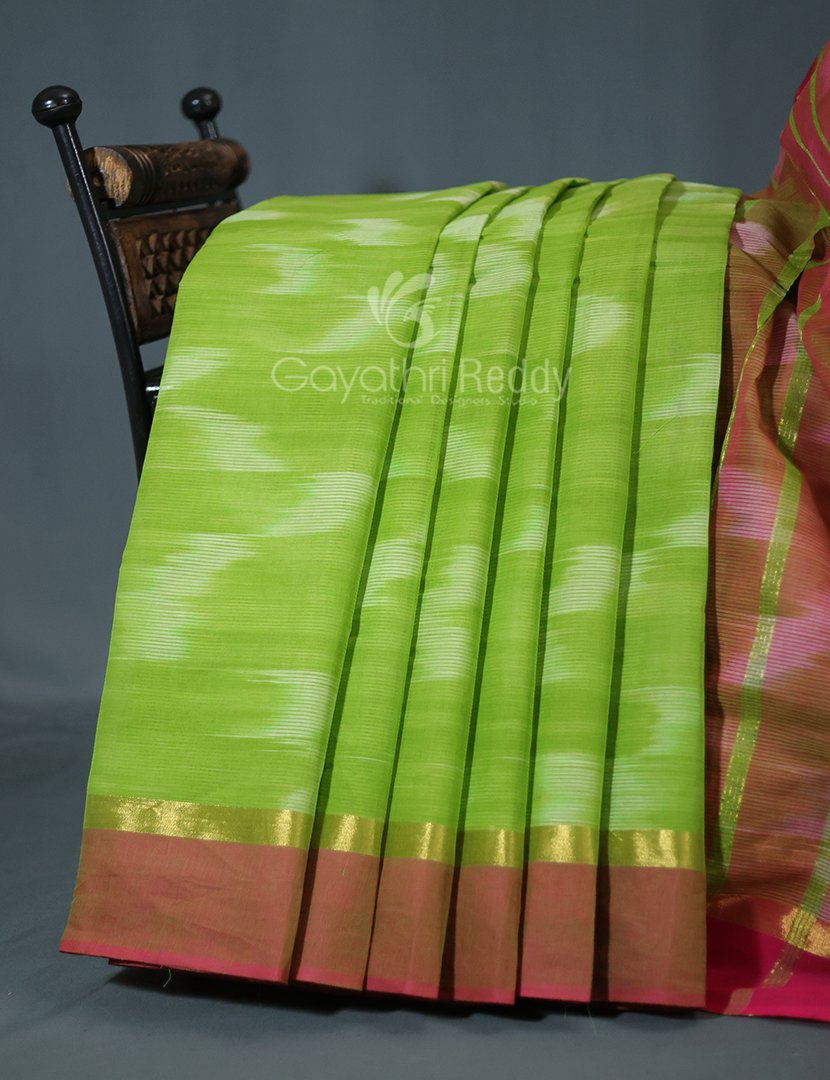 Dual Shades of Parrot Green And Pink Mangalagiri Ikkat Cotton Saree By Gayathri Reddy Designer Studio - Distacart