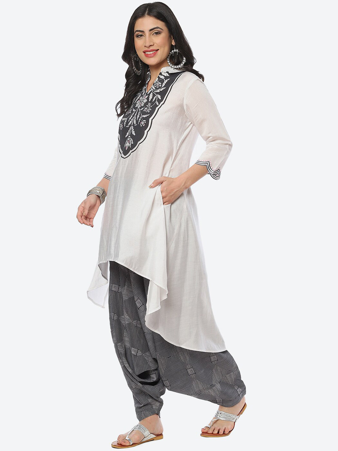 Biba Shirt Collar Floral Printed Kurta With Harem Pants - Distacart