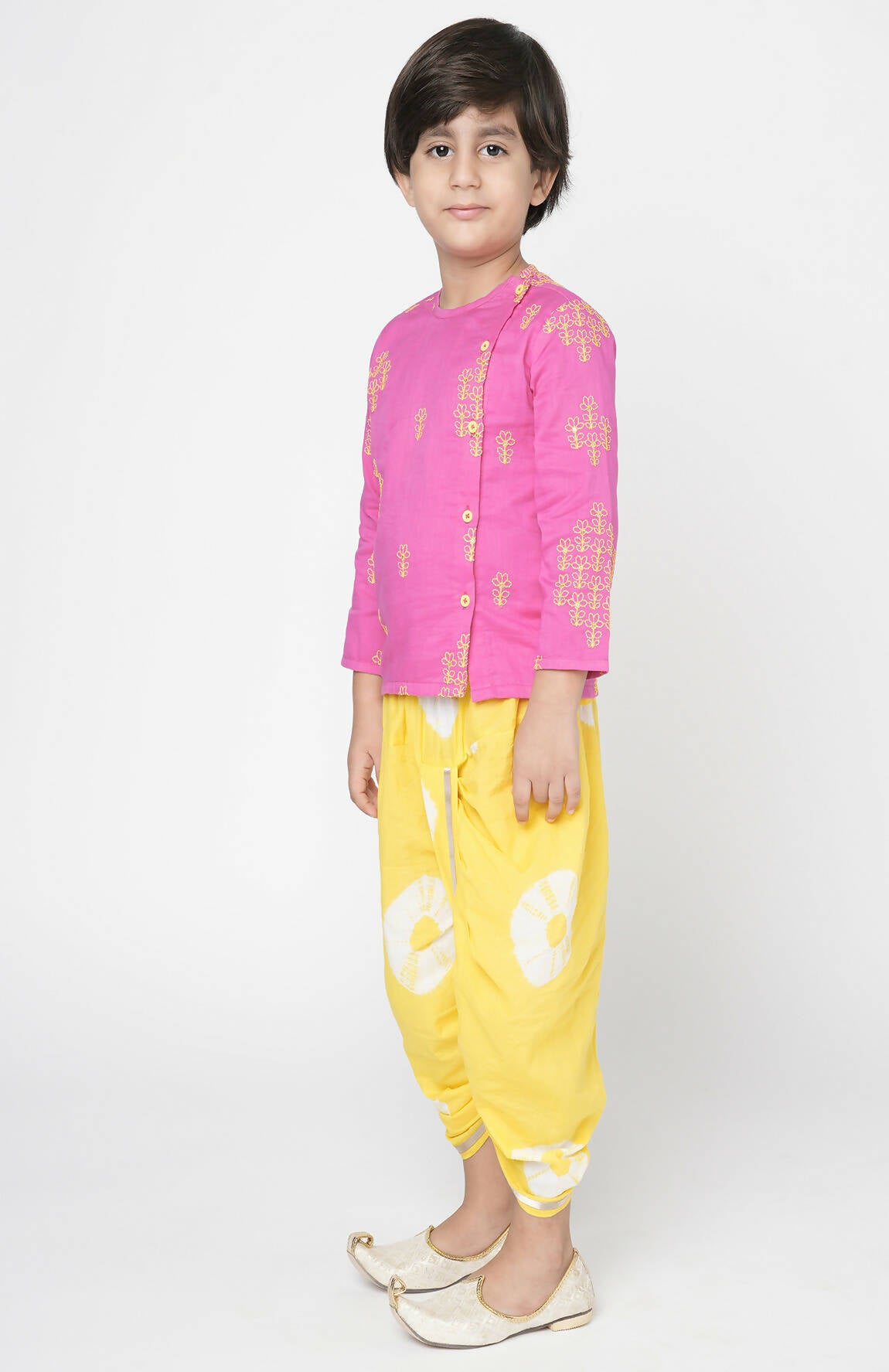 Lil Drama Marigold Magic Boys Pink Embroidered Kurta With Dhoti Set - Distacart