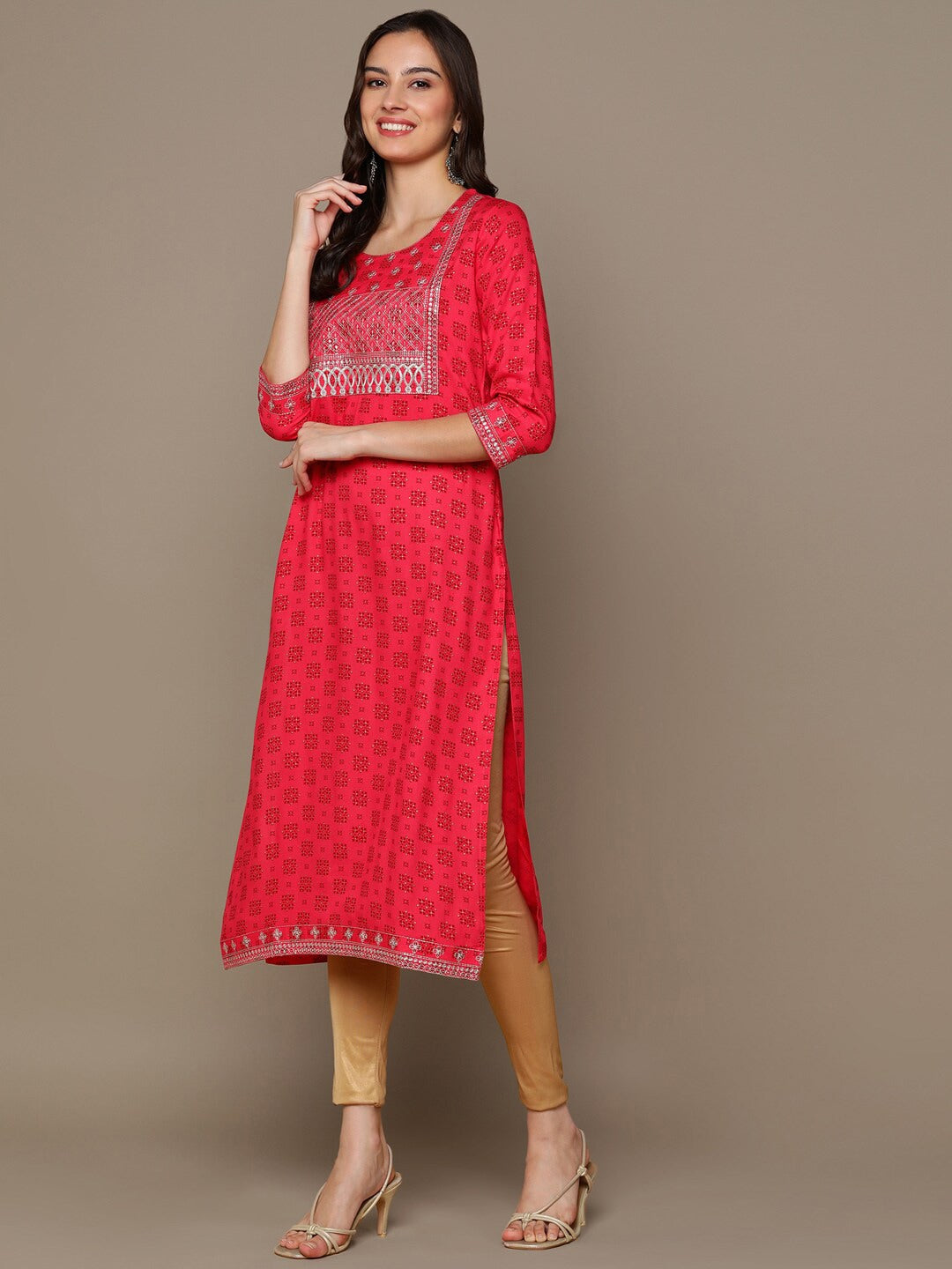 HERE&NOW Ethnic Motifs Printed Sequined Embroidered Straight Kurta - Distacart