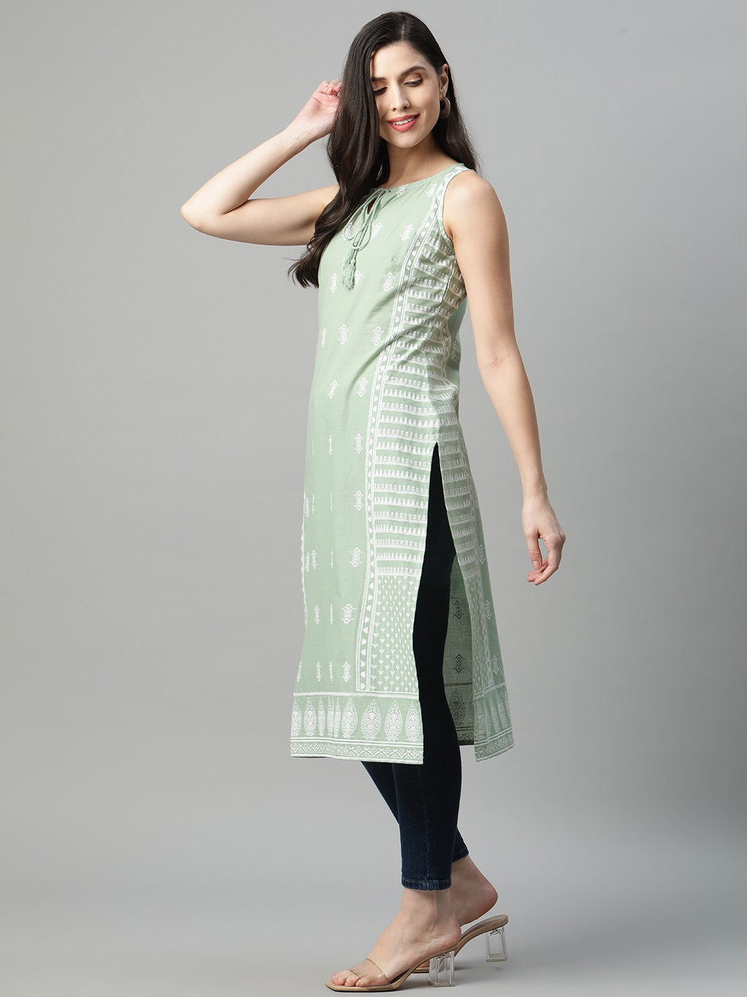 HERE&NOW Women Sea Green & White Ethnic Motifs Printed Tie-Up Neck Kurta - Distacart