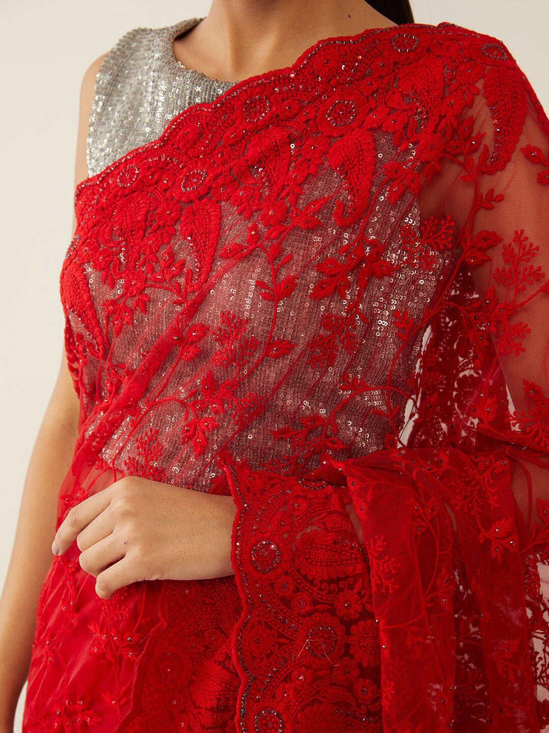 Red Heavy Embroidered Net Saree With Floral Work And Tasselled Pallu main image 0