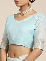 Thumbnail for Saree Mall Blue & Silver-Toned Floral Zari Silk Cotton Sambalpuri Saree - Distacart