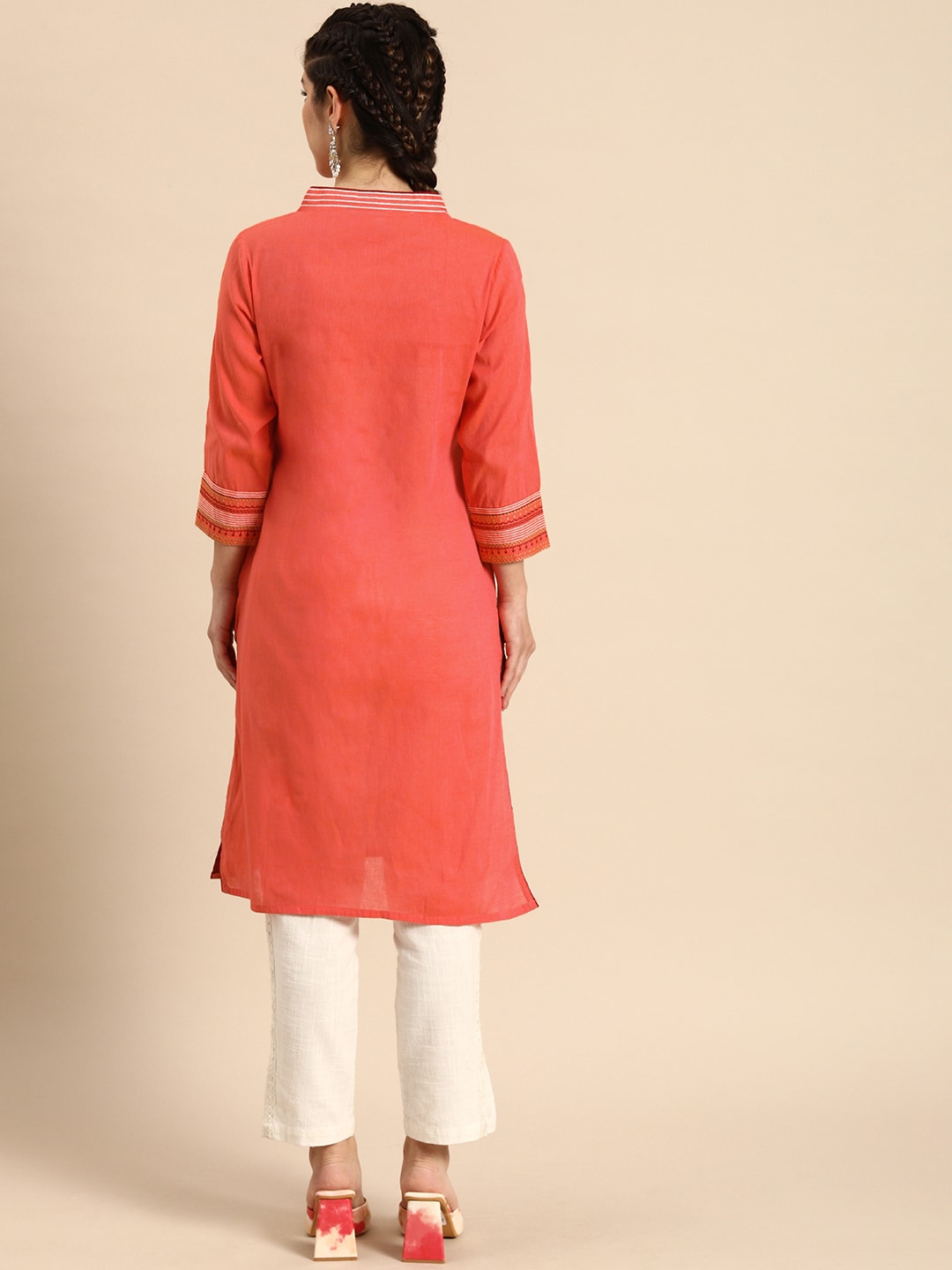 Sangria Women Coral Orange Solid Pure Cotton Kurta - Distacart