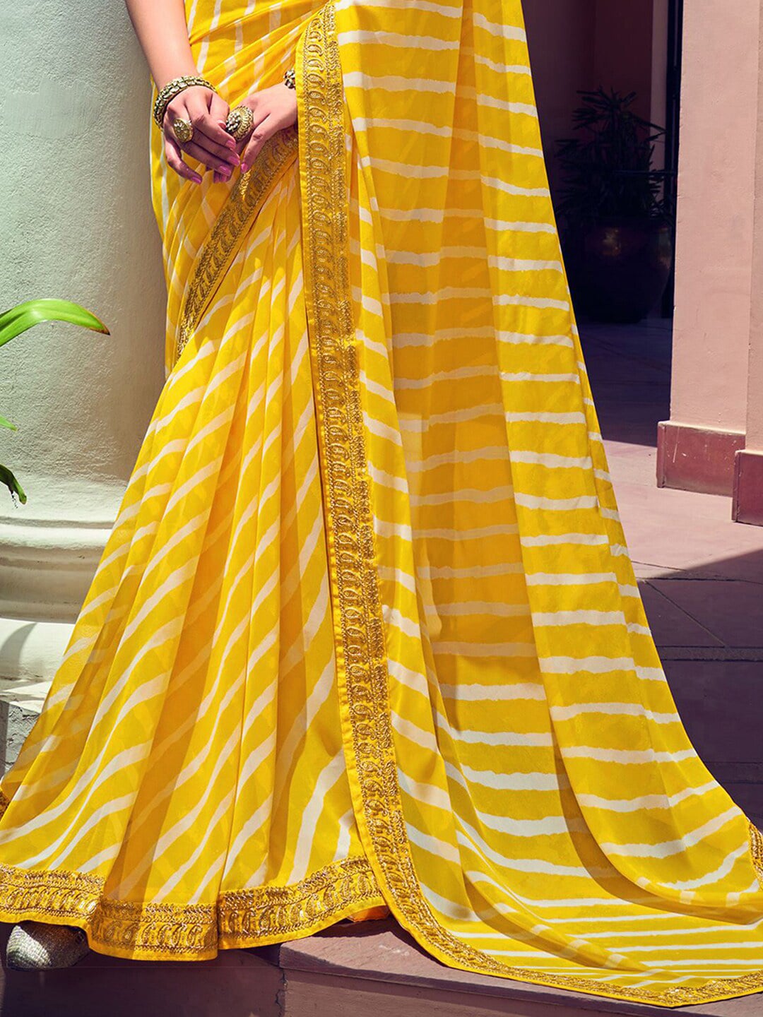 Mitera Yellow & White Leheriya Printed Embroidered Poly Georgette Leheriya Saree - Distacart