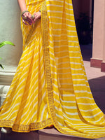 Thumbnail for Mitera Yellow & White Leheriya Printed Embroidered Poly Georgette Leheriya Saree - Distacart