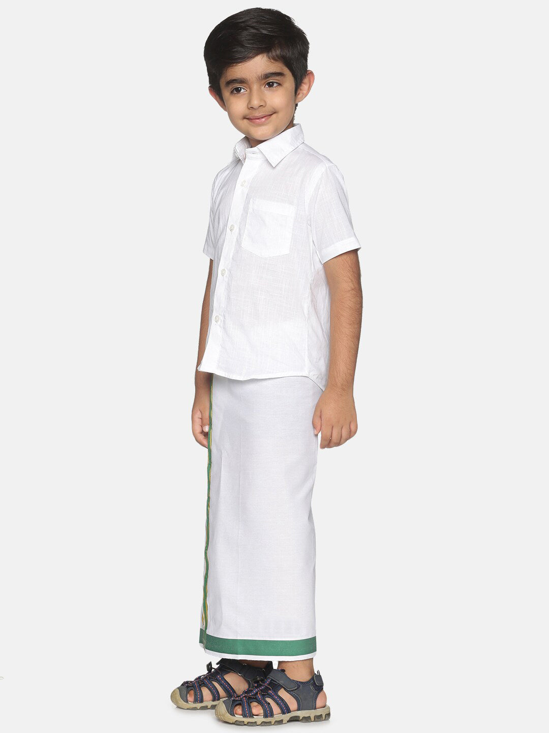 Sethukrishna Boys White & Green Pure Cotton Shirt with Dhoti - Distacart