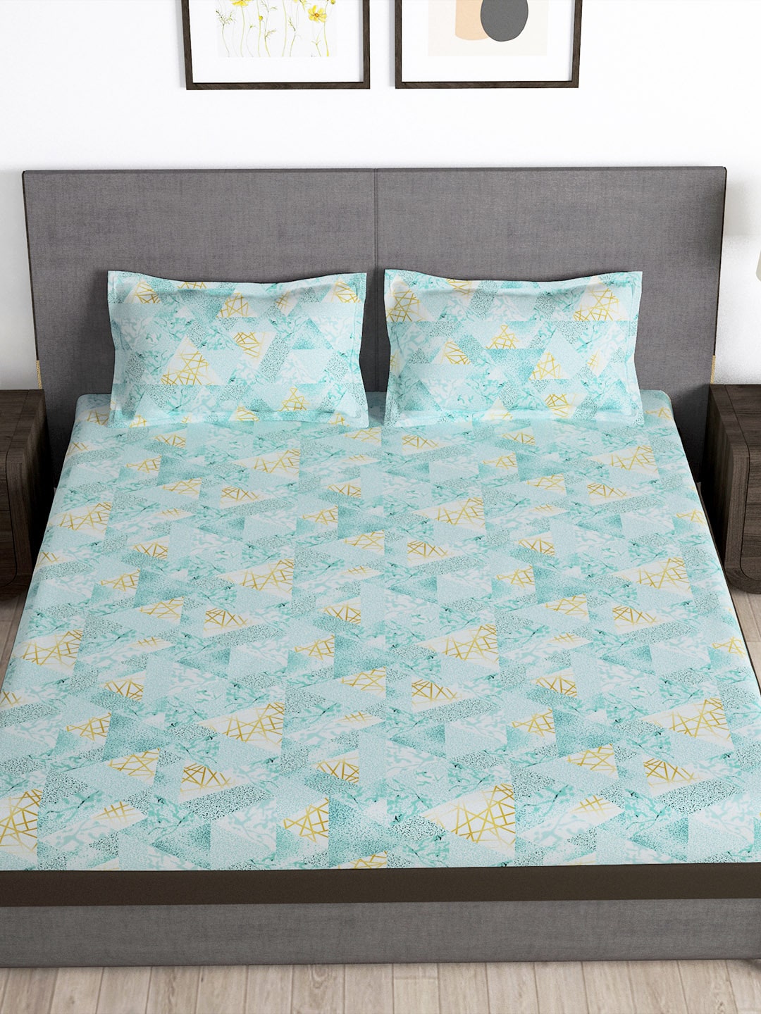 Story@home Arena Blue & Gold-Toned Printed 180 TC Bedsheet & Pillow Covers - Distacart
