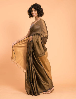 Suta Black Gold Woven Design Zari Pure Linen Saree - Distacart