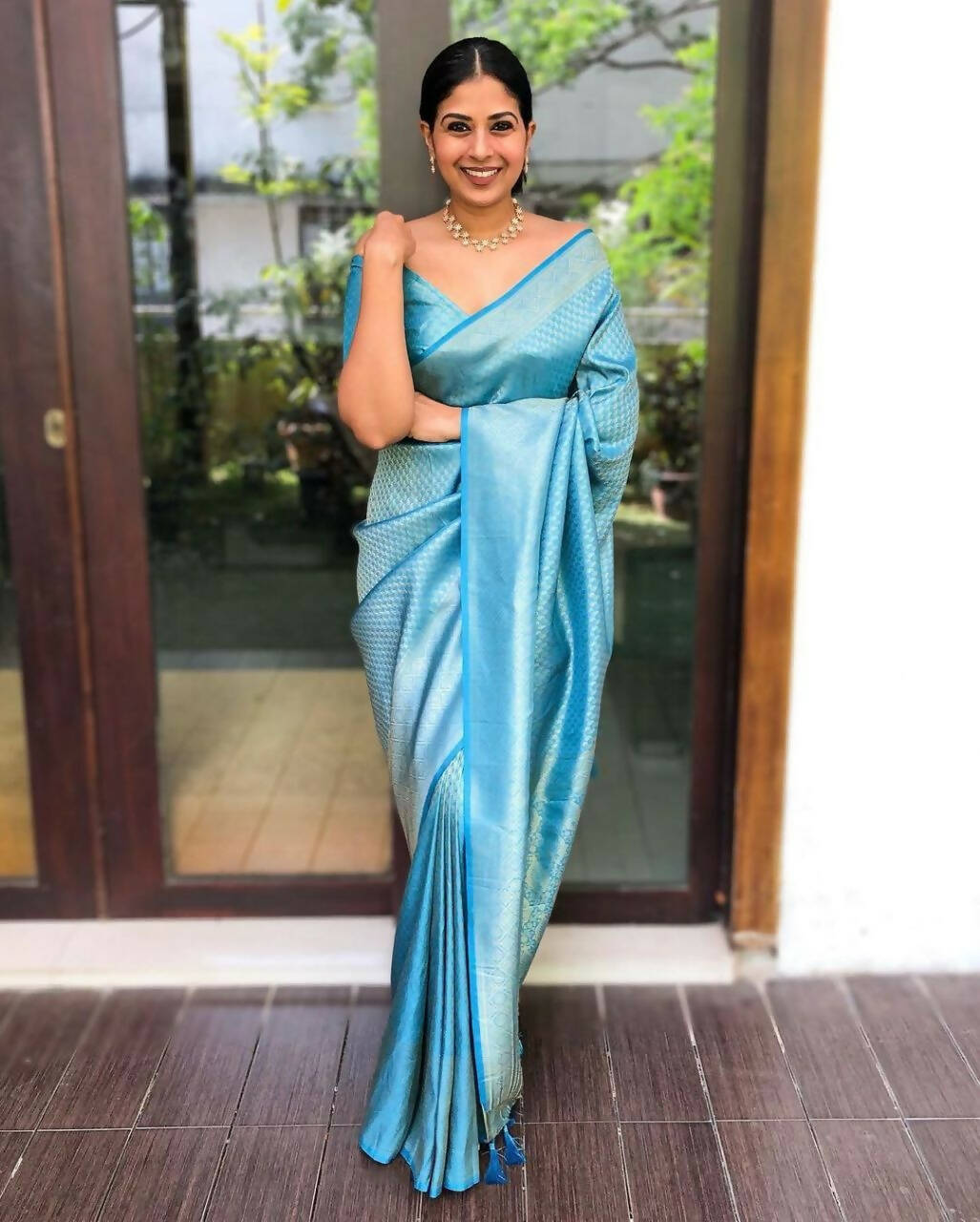 DEIANA'S Beautiful Golden Jari with New Design Soft Lichi Silk Saree - Sky - Distacart