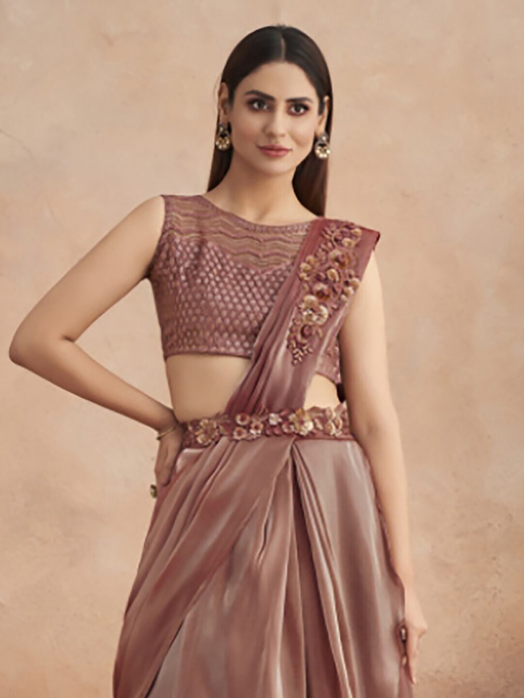 Mitera Brown Floral Embroidered Saree - Distacart