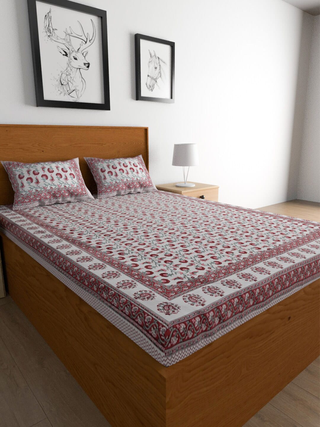 Urban Magic Pink & White Ethnic Motifs Cotton 104 TC King Bedsheet & 2 Pillow Covers - Distacart