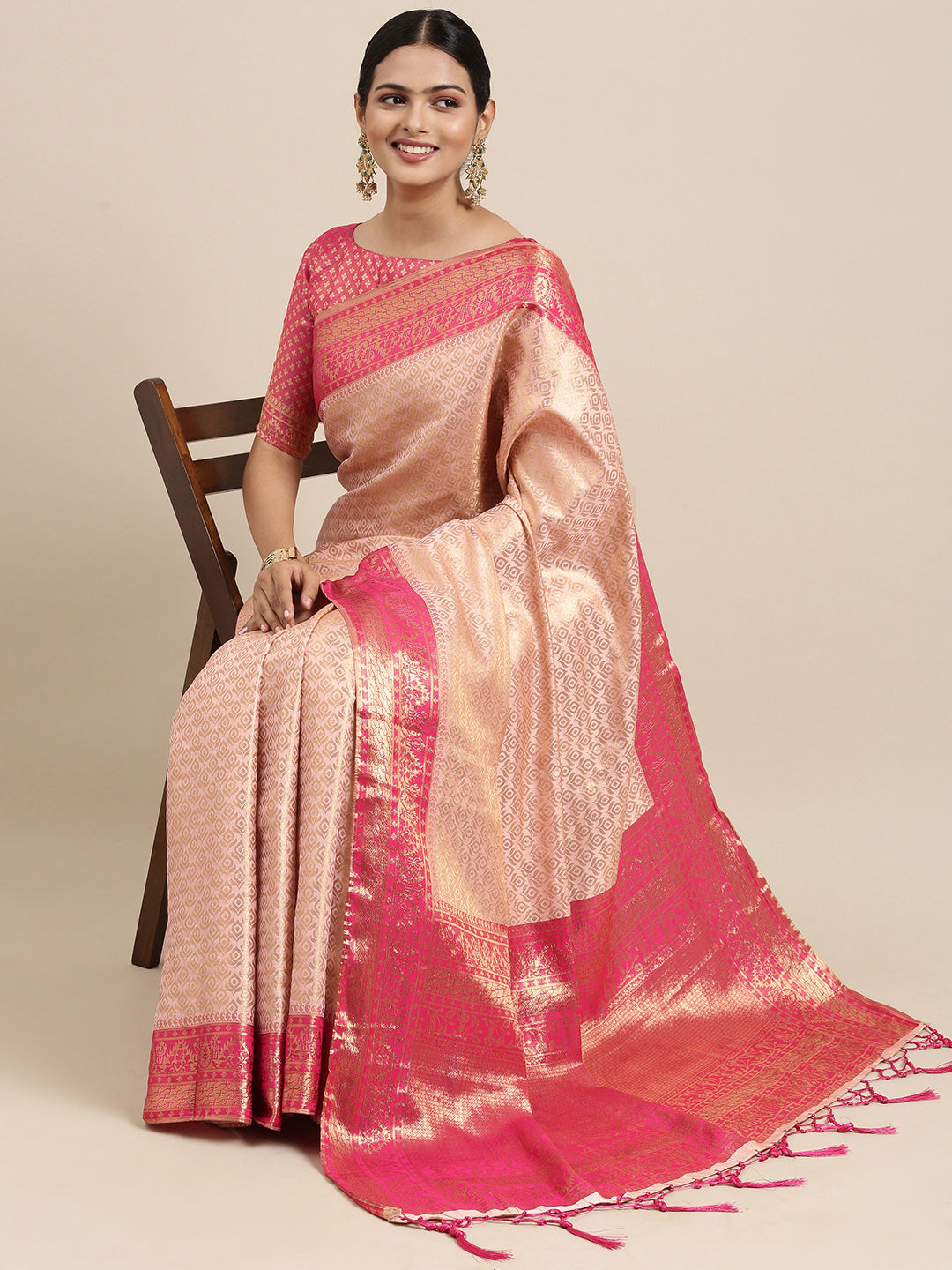 Saree Mall Peach-Coloured Ethnic Motifs Zari Silk Blend Banarasi Saree - Distacart