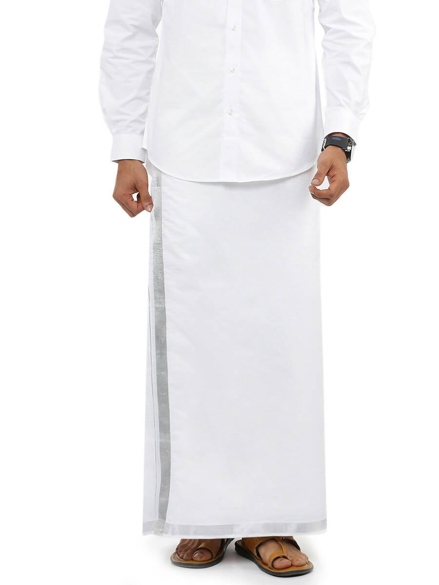 Ramraj Cotton Mens Pure Cotton 1" Silver Jari Dhoti - White - Distacart