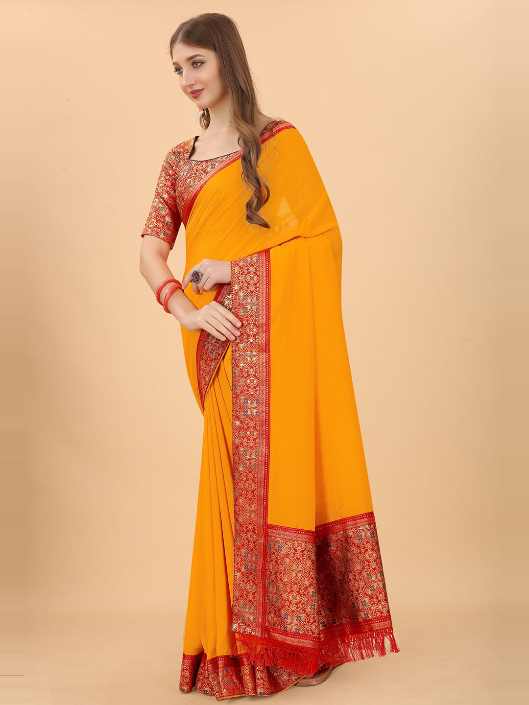 Kalini Yellow & Red Zari Pure Silk Saree - Distacart
