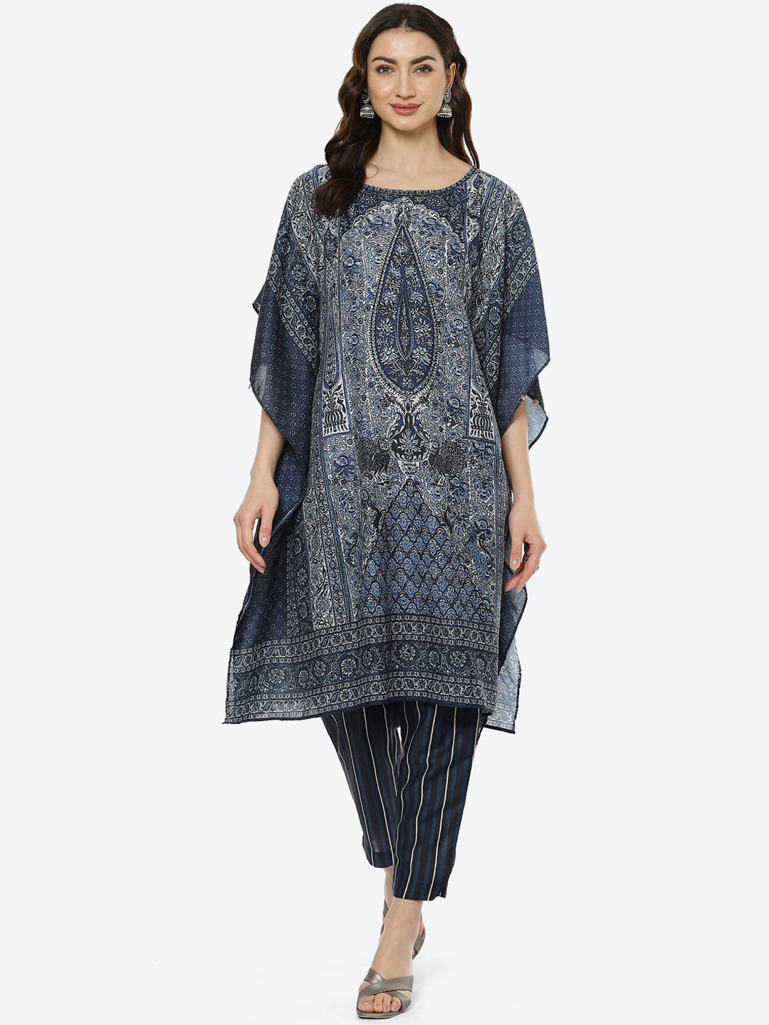 Biba Women Navy Blue Ethnic Motifs Printed Kaftan Kurta With Trousers - Distacart