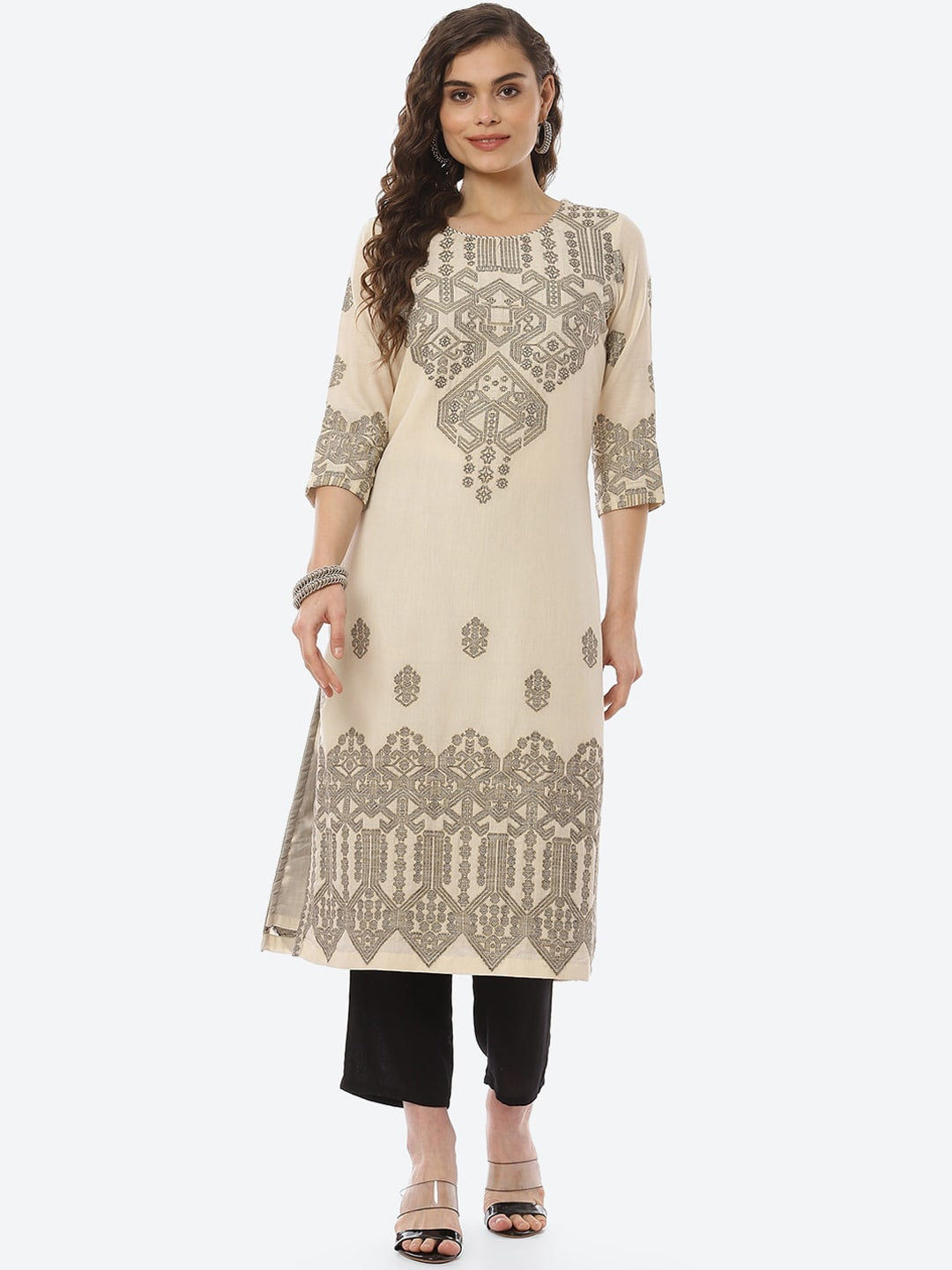Biba Women Beige & Black Ethnic Motifs Printed A-line Kurta - Distacart
