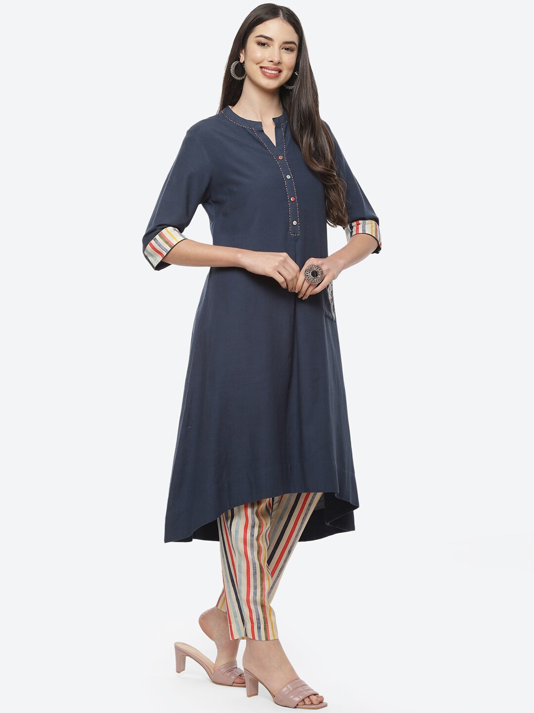 Biba Women Navy Blue & Beige Kurta with Trousers - Distacart