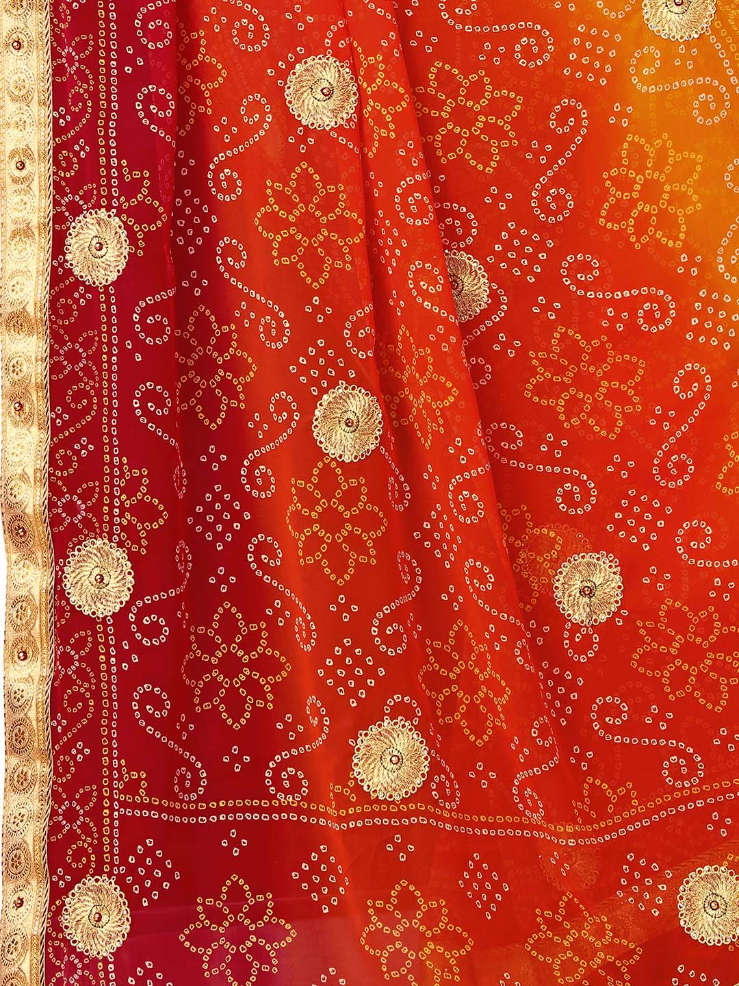 Kalini Red & Yellow Poly Georgette Embroidered Bandhani Saree - Distacart