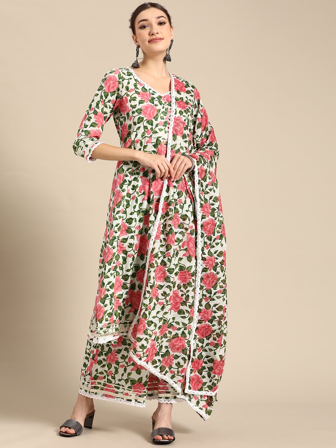 Sangria Women Pink Floral Printed Lace Inserts Pure Cotton Kurta with Sharara & Dupatta - Distacart