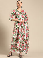 Thumbnail for Sangria Women Pink Floral Printed Lace Inserts Pure Cotton Kurta with Sharara & Dupatta - Distacart