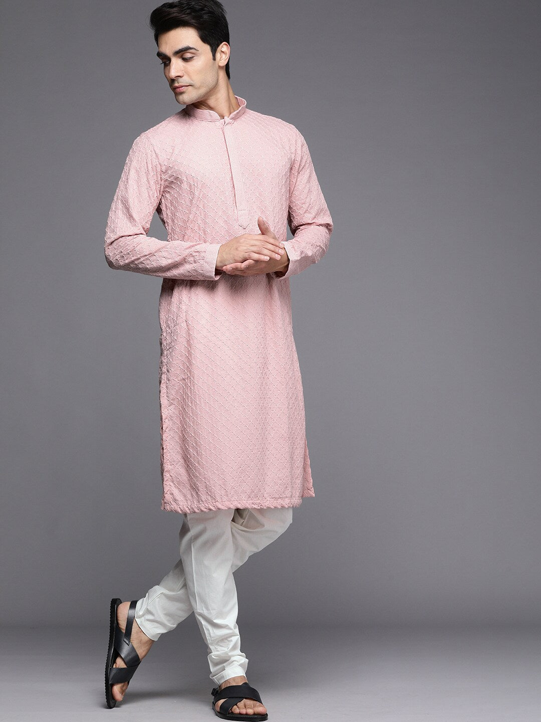 Manyavar Men Pink Ethnic Motifs Embroidered Kurta with Churidar - Distacart