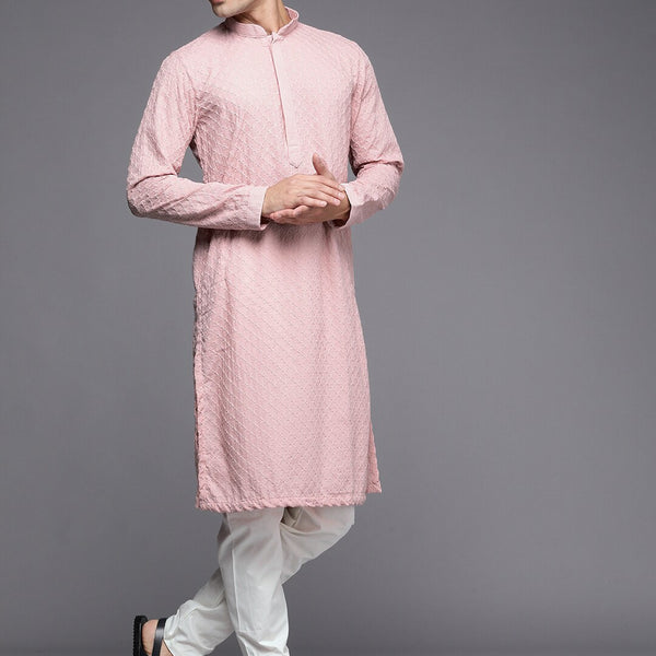 Manyavar Men Pink Ethnic Motifs Embroidered Kurta with Churidar - Distacart
