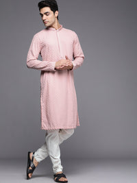 Thumbnail for Manyavar Men Pink Ethnic Motifs Embroidered Kurta with Churidar - Distacart