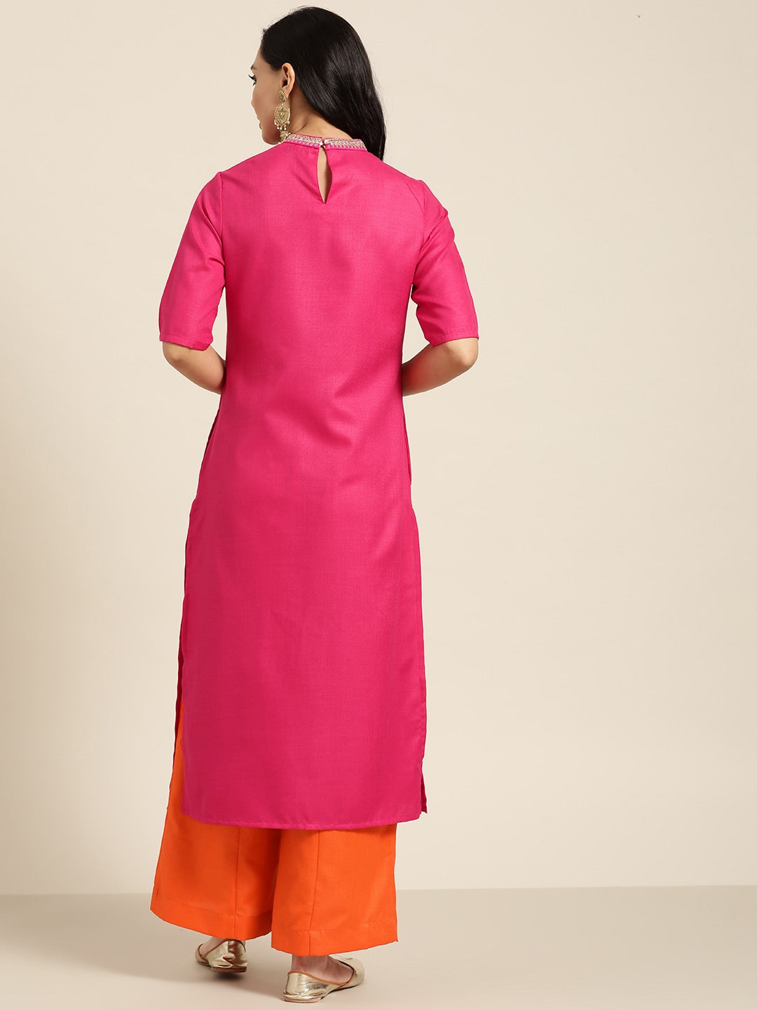 Sangria Women Pink & Orange Solid Thread Work Kurta with Palazzos - Distacart