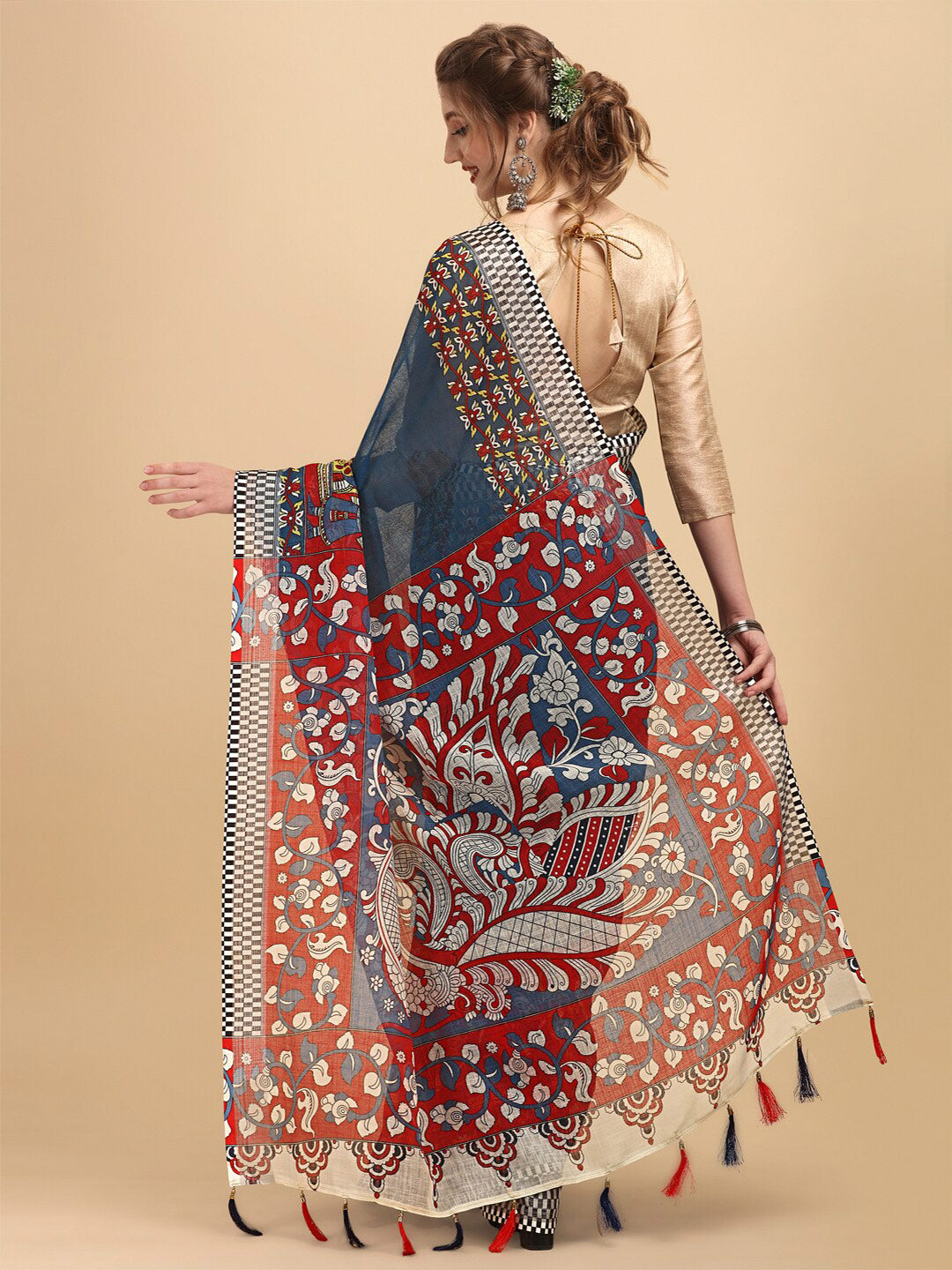 Sangria Ethnic Motif Printed Pure Linen Saree - Distacart