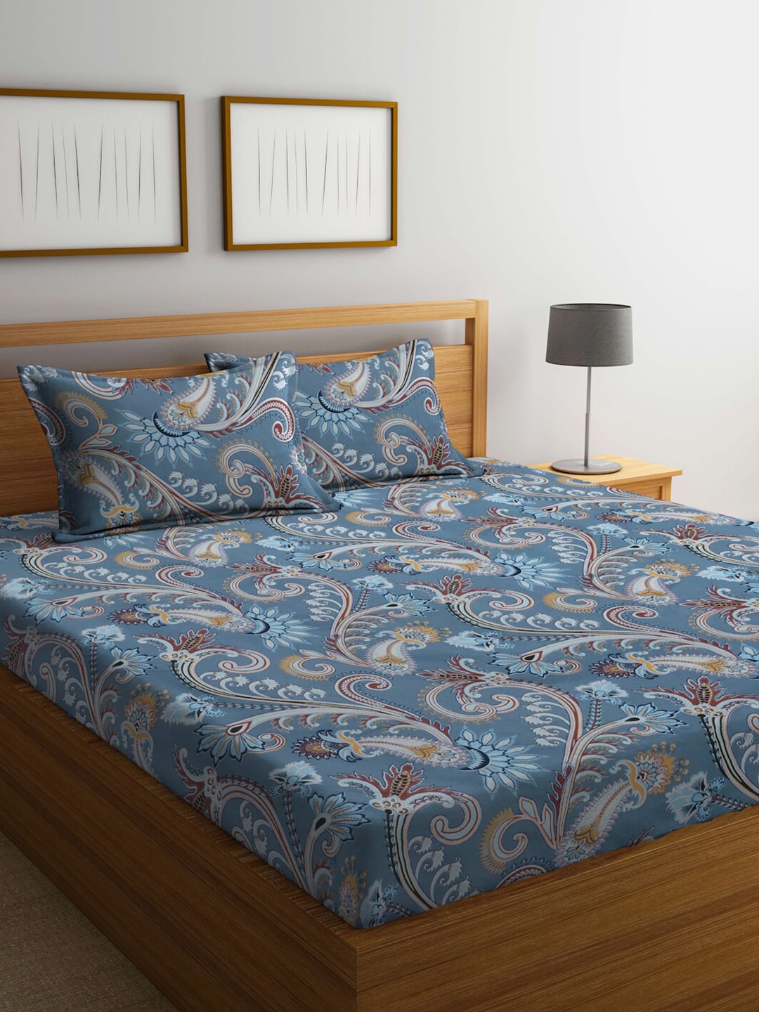 FABINALIV Grey & Brown Etnic Motifs 300 TC Fitted King Bedsheet With 2 Pillow Covers - Distacart