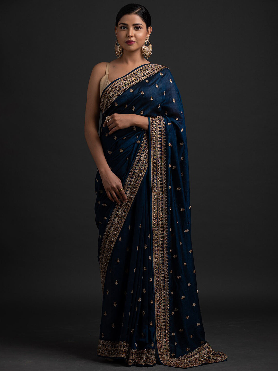 Koskii Blue & Gold-Toned Embellished Embroidered Art Silk Saree - Distacart