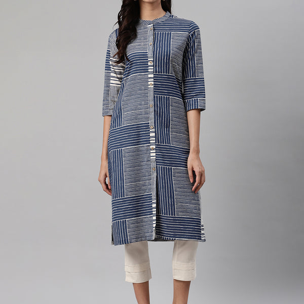 Biba Women Navy Blue & White Striped Kurta with Trousers - Distacart