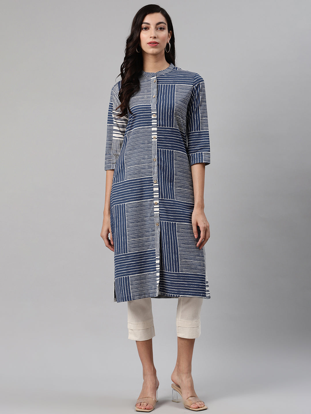 Biba Women Navy Blue & White Striped Kurta with Trousers - Distacart