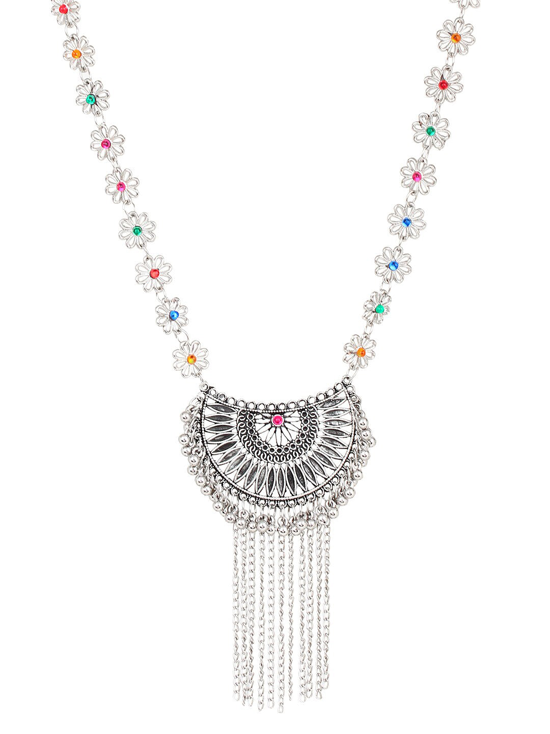 Cardinal Women Silver-Toned Pink & Yellow Stone Studded Jewellery Set - Distacart