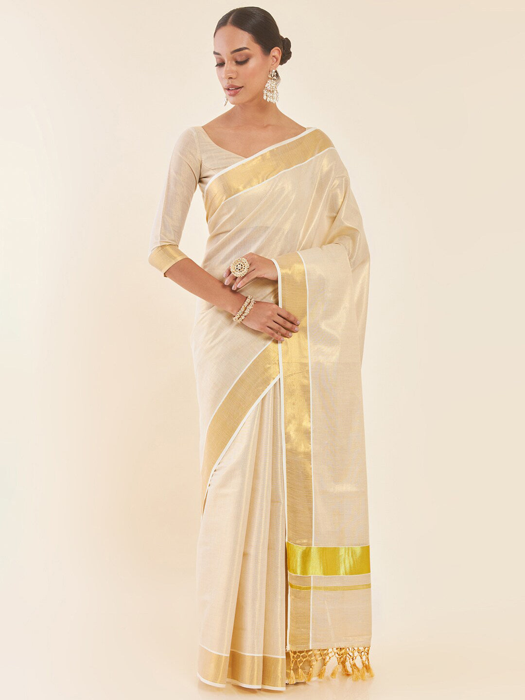 Soch Off White & Gold-Toned Zari Tissue Kasavu Saree - Distacart