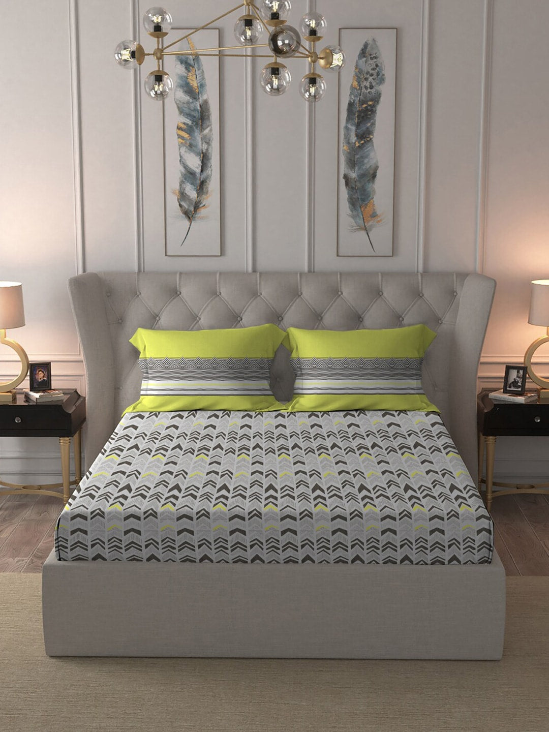 MYTRIDENT Grey Green Geometric Cotton 144 TC Queen Bedsheet With 2 Pillow Covers - Distacart