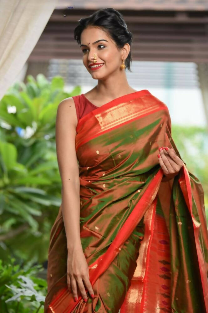 Very Much Indian Pure Silk Yeola Handloom Green Red Dual Tone - Paithani Saree With Traditional Double Pallu - Distacart
