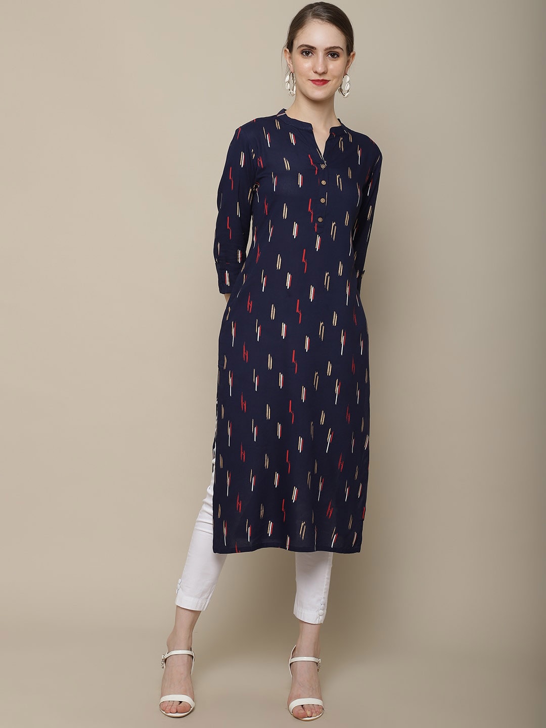 Sangria Women Navy Blue & Red Pure Cotton Geometric Printed Kurta - Distacart