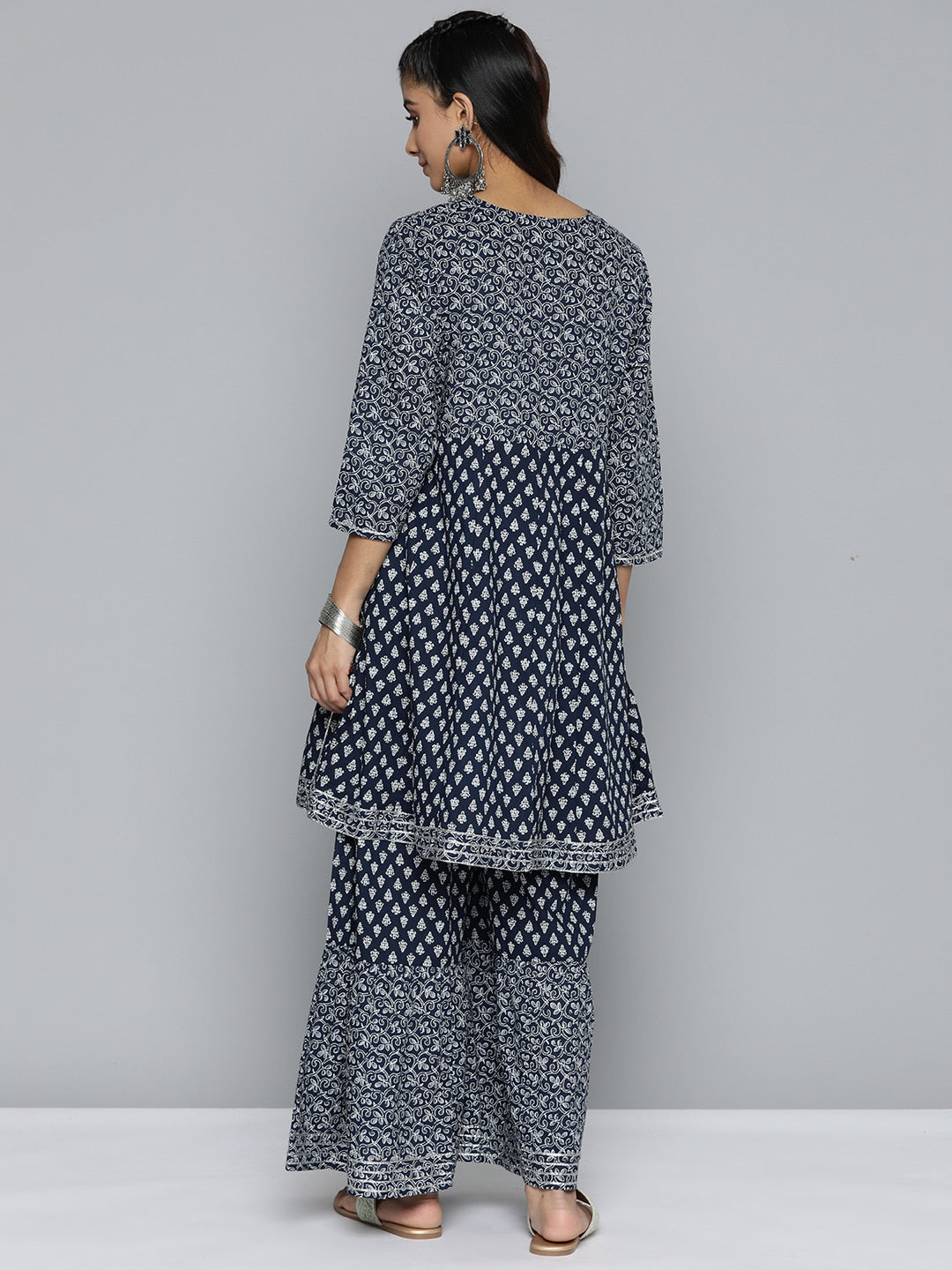 HERE&NOW Ethnic Motifs Printed Layered Gotta Patti Pure Cotton Kurta with Sharara - Distacart