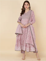 Thumbnail for HERE&NOW Women Pink Floral Embroidered Pure Cotton Kurta with Trousers & Dupatta - Distacart