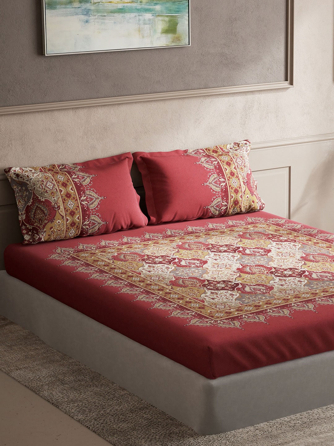 DDecor Red & White Ethnic Motifs Cotton 140 TC King Bedsheet with 2 Pillow Covers - Distacart