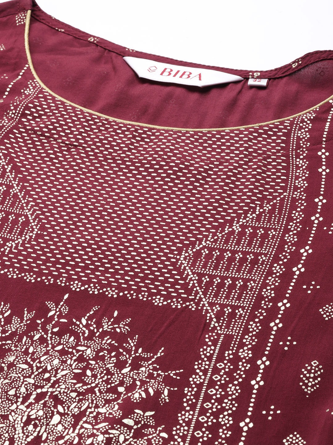 Biba Women Maroon & Golden Ethnic Motifs Printed Puff Sleeves A-Line Kurta - Distacart