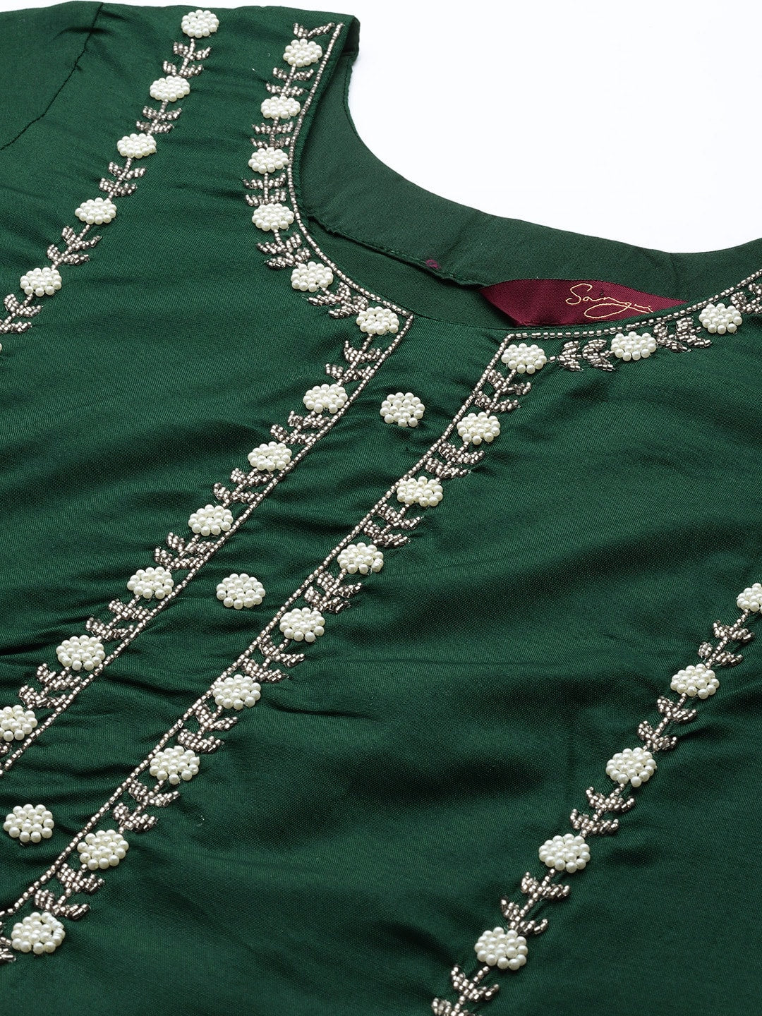 Sangria Women Green & White Ethnic Embellished Beaded Kurta with Trousers & Dupatta - Distacart