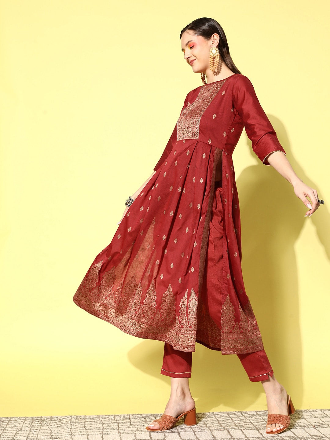 Sangria Floral Yoke Design Pleated Mirror Work Chanderi Silk Kurta with Trousers - Distacart