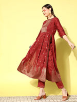 Thumbnail for Sangria Floral Yoke Design Pleated Mirror Work Chanderi Silk Kurta with Trousers - Distacart